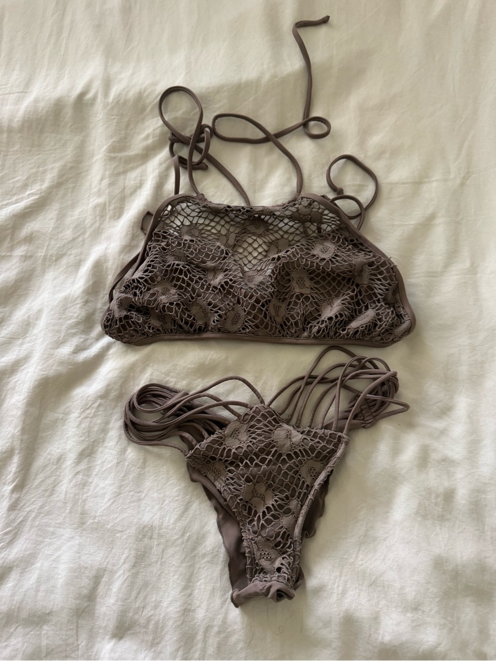 Luli Fama Taupe Crochet Strappy Bikini